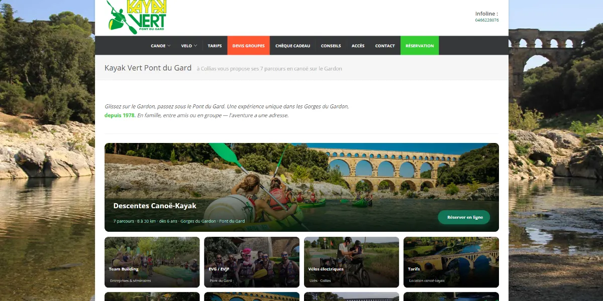 Page d'accueil du site Kayak Vert Pont du Gard